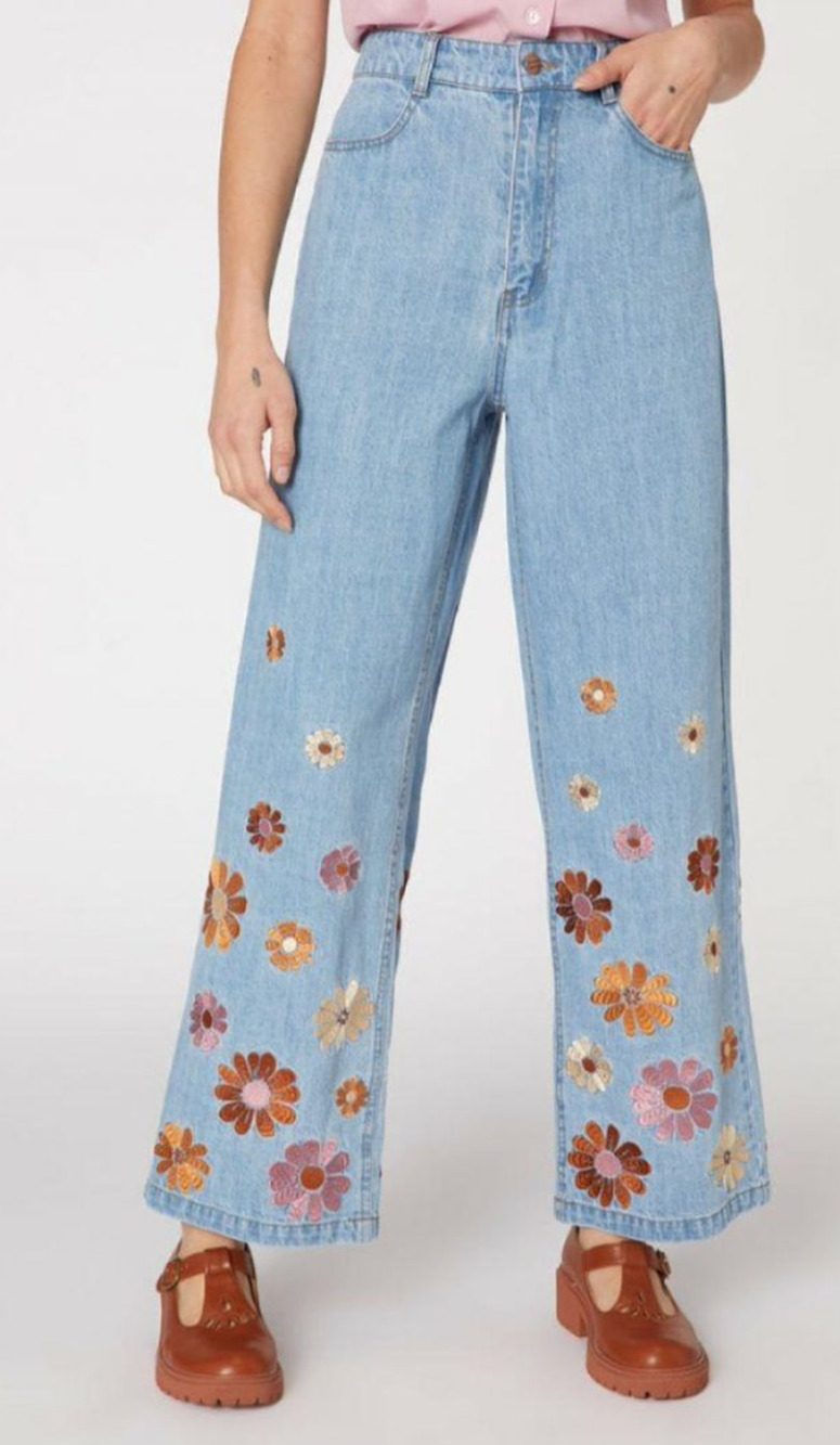 Princess Highway Womens Floral Embroidered Blue Denim Lindy Jeans AU 8 US Size 4